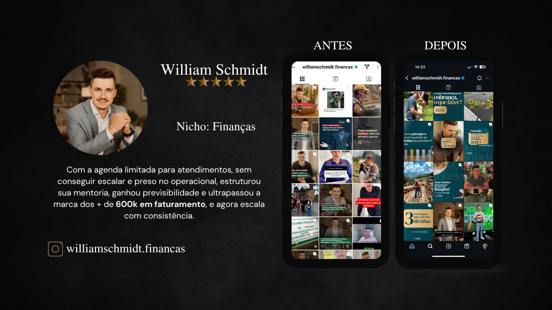 William Schmidt, mentor de Finanças. Estruturou a mentoria, ganhou previsibilidade e ultrapassou 600 mil em faturamento. Instagram williamschmidt.financas.