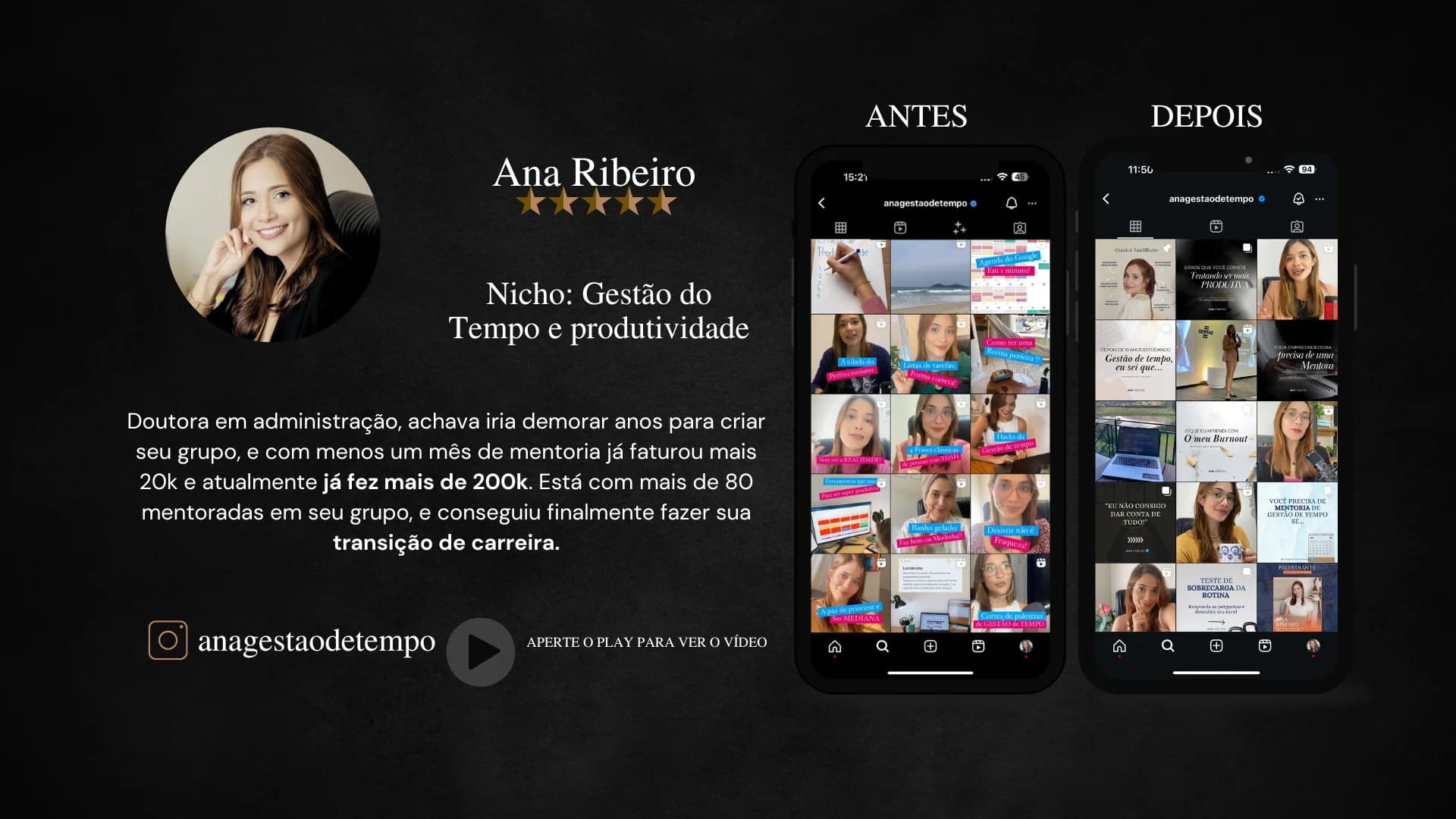 Ana Ribeiro, mentora de Gestão do Tempo e Produtividade. Doutora em administração; com menos de um mês faturou mais de 20 mil e hoje já fez mais de 200 mil, com +80 mentoradas no grupo. Instagram anagestaodetempo.